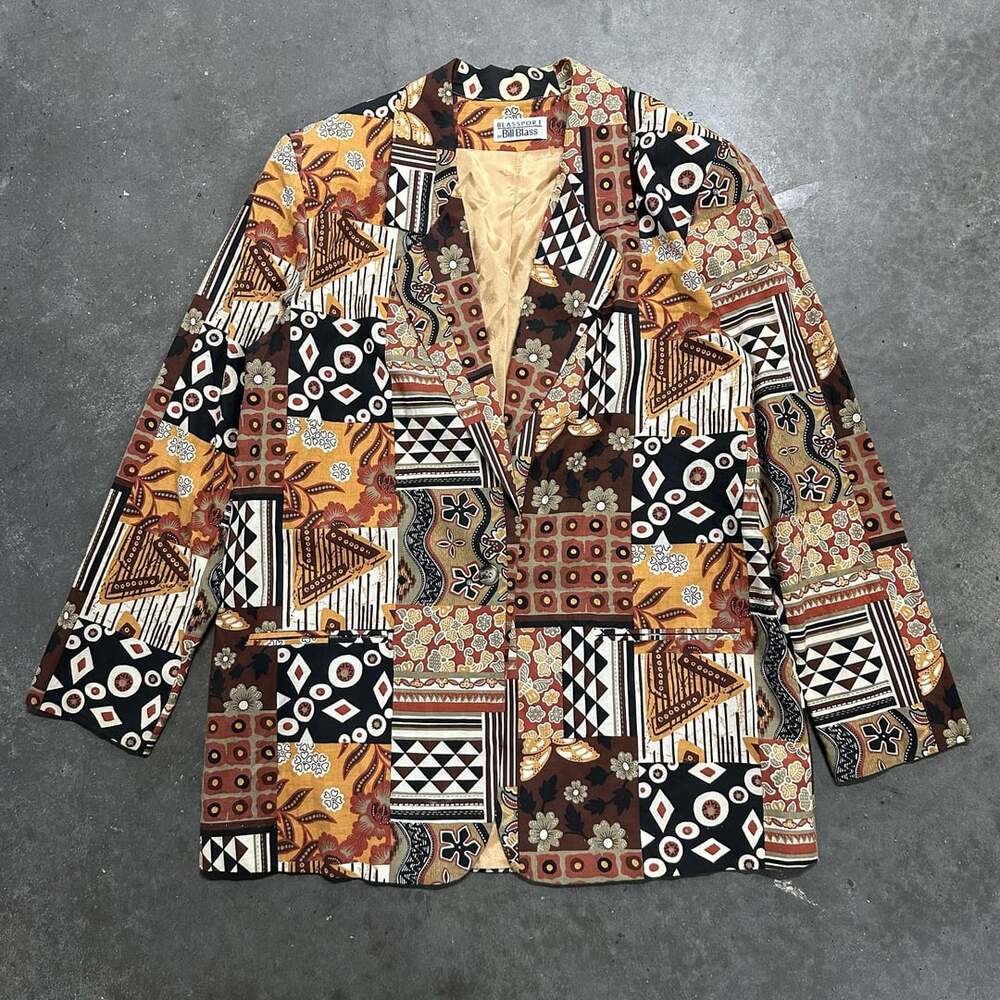 Vintage Bill Blass Blassport Blazer Jacket Patchwork Boho Art Print 80s 90s